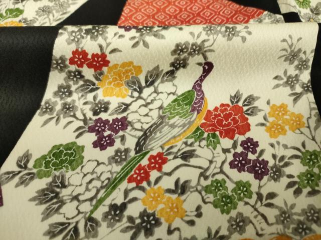 平和屋着物■上質な小紋　型染め　花鳥文　黒地　正絹　逸品　DABK6864ya