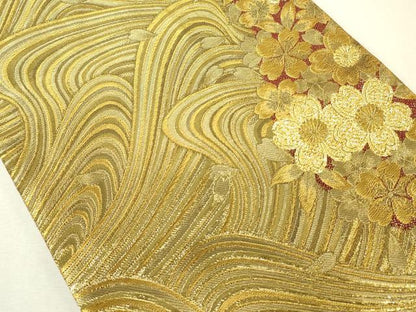 平和屋着物◎両面　全通柄袋帯　立波舞桜文　金糸　正絹　逸品　DABK6872ya