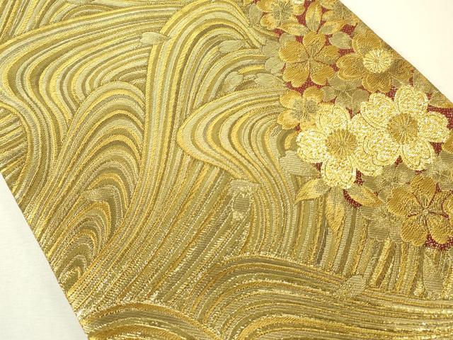 平和屋着物◎両面　全通柄袋帯　立波舞桜文　金糸　正絹　逸品　DABK6872ya