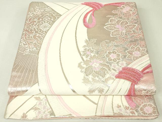 平和屋着物◎六通柄袋帯　唐織　束ね熨斗花文　銀糸　正絹　逸品　DABK6874ya
