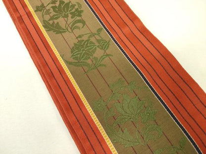 平和屋着物◎本場筑前博多織　半幅帯　草花間道　田中利弘作　証紙付き　正絹　逸品　DABK6883ya