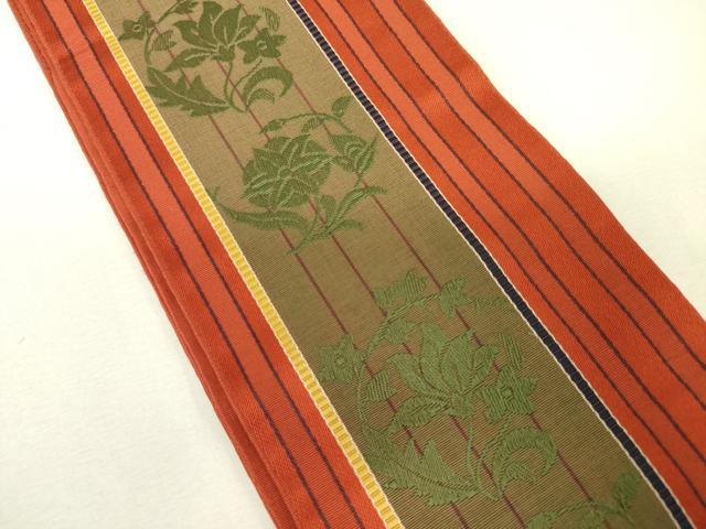 平和屋着物◎本場筑前博多織　半幅帯　草花間道　田中利弘作　証紙付き　正絹　逸品　DABK6883ya