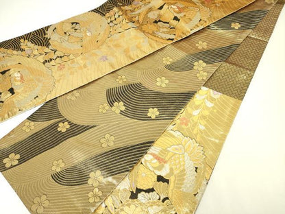 平和屋着物◎佐賀錦　両面　六通柄袋帯　鳳凰花文　黒地　金銀糸　正絹　逸品　DABK6893ya