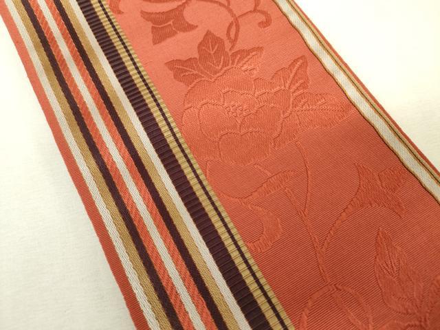 平和屋着物◎本場筑前博多織　半幅帯　草花間道　脇山公詞作　証紙付き　正絹　逸品　DABK6899ya