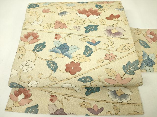 平和屋着物◎九寸名古屋帯　更紗草花文　金糸　正絹　逸品　DABK6901ya