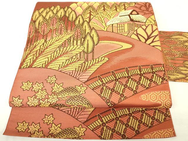 平和屋着物◎本場筑前博多織　八寸名古屋帯　風景文　金糸　正絹　逸品　DABK6906ya