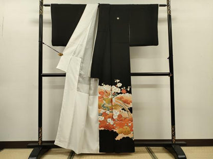 平和屋着物■豪華黒留袖　駒刺繍　尾長鳥　枝梅　金銀糸　正絹　逸品　DABK6972ya