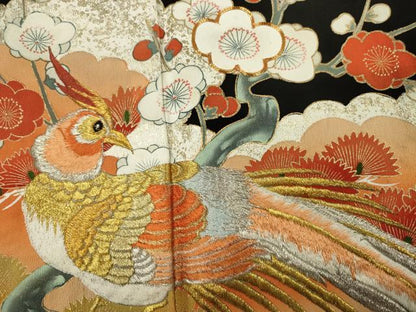 平和屋着物■豪華黒留袖　駒刺繍　尾長鳥　枝梅　金銀糸　正絹　逸品　DABK6972ya