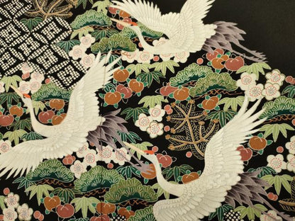 平和屋着物■豪華黒留袖　刺繍　飛鶴花松文　金彩　正絹　逸品　DABK6973ya