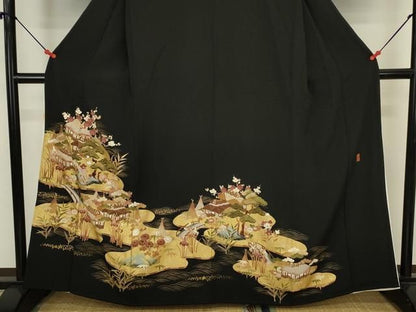 平和屋着物■豪華黒留袖　作家物　風景花松文　金彩　正絹　逸品　DABK6982ya