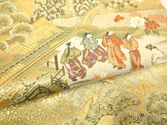 平和屋本店▼全通柄袋帯　宴遊絵巻文様　本金箔二重　正絹　逸品　DABK7522du