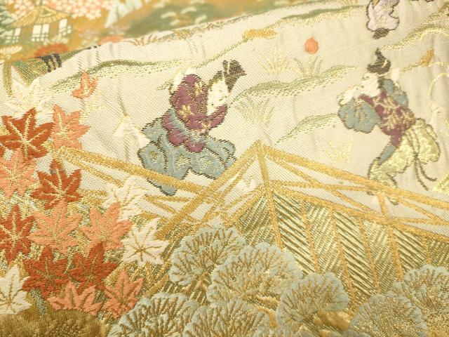 平和屋本店▼全通柄袋帯　宴遊絵巻文様　本金箔二重　正絹　逸品　DABK7522du