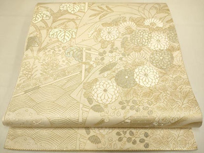 平和屋本店▼六通柄袋帯　九百紋錦　草花文　本金箔蒔絵　正絹　逸品　DABK7525du