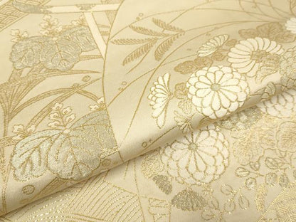 平和屋本店▼六通柄袋帯　九百紋錦　草花文　本金箔蒔絵　正絹　逸品　DABK7525du