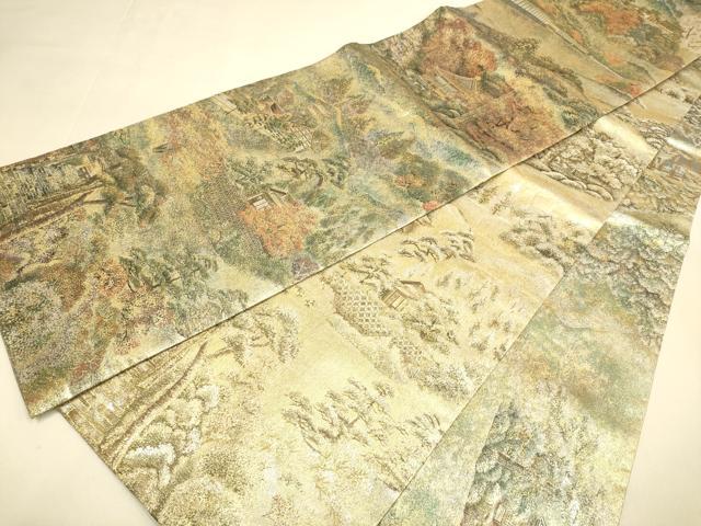 平和屋着物▼極上　西陣あさぎ　丸帯　京の四季　本金プラチナ二重箔　正絹　逸品　DABK7527du