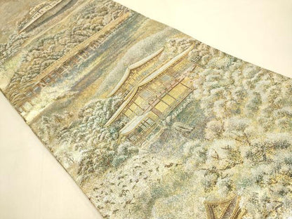 平和屋着物▼極上　西陣あさぎ　丸帯　京の四季　本金プラチナ二重箔　正絹　逸品　DABK7527du