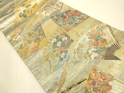 平和屋本店▼極上　西陣あさぎ　両面　全通柄袋帯　琳派三十六華扇　24金プラチナ二重箔　分析通知書付き　正絹　逸品　DABK7528du