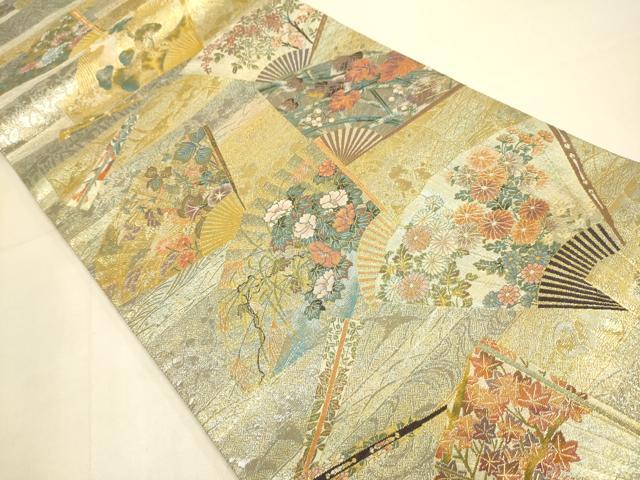平和屋本店▼極上　西陣あさぎ　両面　全通柄袋帯　琳派三十六華扇　24金プラチナ二重箔　分析通知書付き　正絹　逸品　DABK7528du