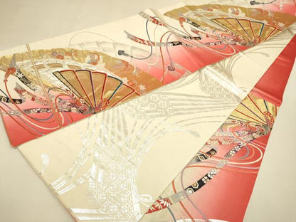 平和屋本店▼両面　六通柄袋帯　裂取御車紋　本金箔24K　正絹　逸品　DABK7531du