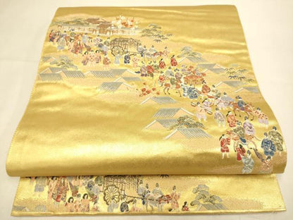 平和屋本店●六通柄袋帯　大名行列　金泥箔　正絹　逸品　DABK7532du