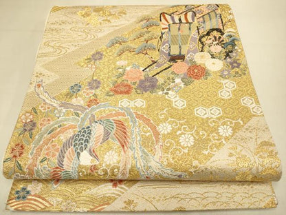 平和屋本店▼六通柄袋帯　九百錦　御所車鳳凰花文　本金箔　正絹　逸品　DABK7536du