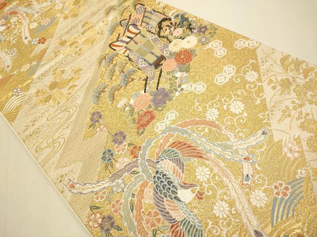 平和屋本店▼六通柄袋帯　九百錦　御所車鳳凰花文　本金箔　正絹　逸品　DABK7536du