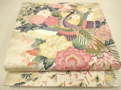 平和屋本店▼「美しいキモノ」お馴染みのメーカー となみ織物 本加賀友禅作家 百貫華峰 六通柄袋帯 孔雀花文 純金箔 正絹 逸品 DABK7538du