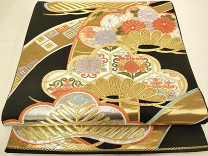 平和屋本店▼六通柄袋帯　唐織　花松文　黒地　本金箔24K　みやび　正絹　逸品　DABK7542du