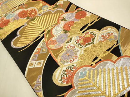 平和屋本店▼六通柄袋帯　唐織　花松文　黒地　本金箔24K　みやび　正絹　逸品　DABK7542du