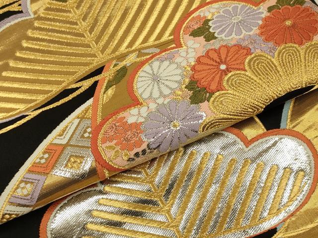 平和屋本店▼六通柄袋帯　唐織　花松文　黒地　本金箔24K　みやび　正絹　逸品　DABK7542du