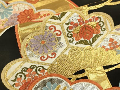 平和屋本店▼六通柄袋帯　唐織　花松文　黒地　本金箔24K　みやび　正絹　逸品　DABK7542du