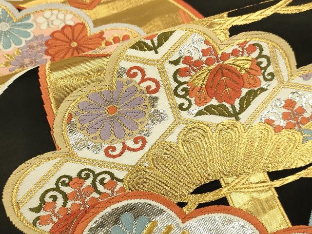 平和屋本店▼六通柄袋帯　唐織　花松文　黒地　本金箔24K　みやび　正絹　逸品　DABK7542du