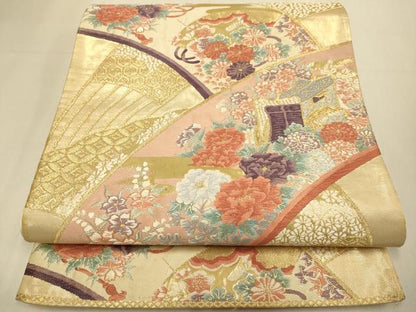 平和屋本店▼六通柄袋帯　唐織　御所車花鼓文　錦本金箔　正絹　逸品　DABK7549du