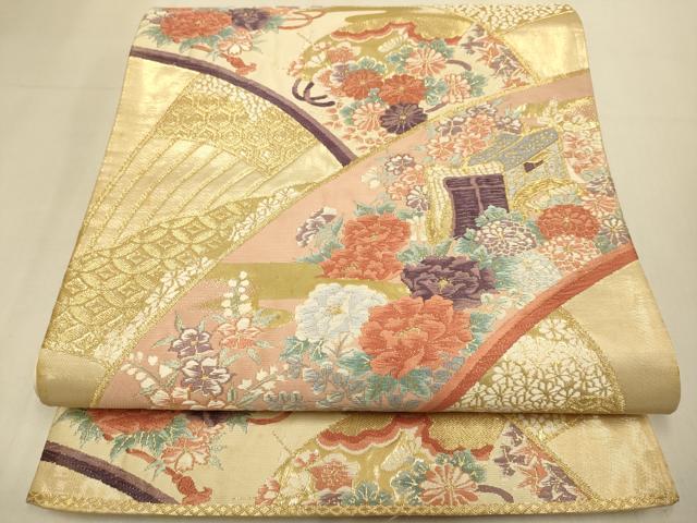 平和屋本店▼六通柄袋帯　唐織　御所車花鼓文　錦本金箔　正絹　逸品　DABK7549du
