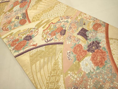 平和屋本店▼六通柄袋帯　唐織　御所車花鼓文　錦本金箔　正絹　逸品　DABK7549du