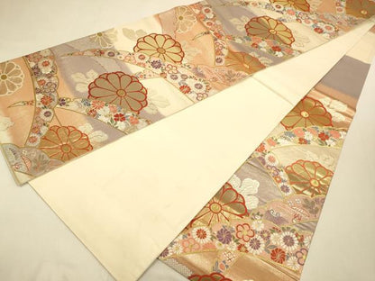 平和屋本店▼六通柄袋帯　雪芝花文　純金箔弐拾四金　正絹　逸品　DABK7550du