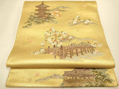 平和屋本店●太鼓柄袋帯　京百景絵図　金泥箔　本金箔　正絹　逸品　DABK7559du