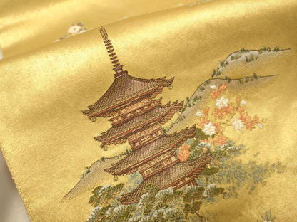 平和屋本店●太鼓柄袋帯　京百景絵図　金泥箔　本金箔　正絹　逸品　DABK7559du