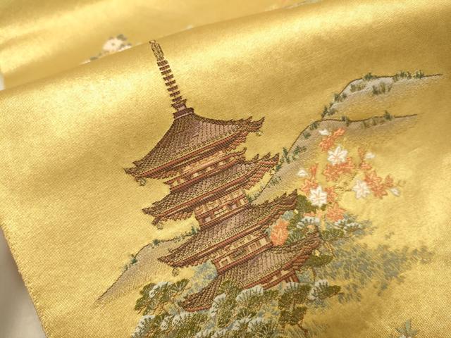 平和屋本店●太鼓柄袋帯　京百景絵図　金泥箔　本金箔　正絹　逸品　DABK7559du