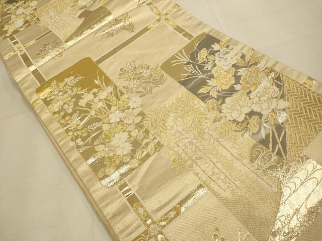 平和屋本店▼六通柄袋帯　草花文　プラチナ24k織　正絹　逸品　DABK7560du