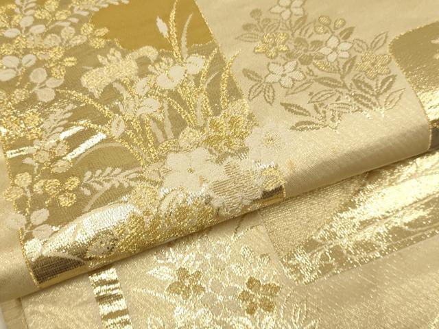 平和屋本店▼六通柄袋帯　草花文　プラチナ24k織　正絹　逸品　DABK7560du