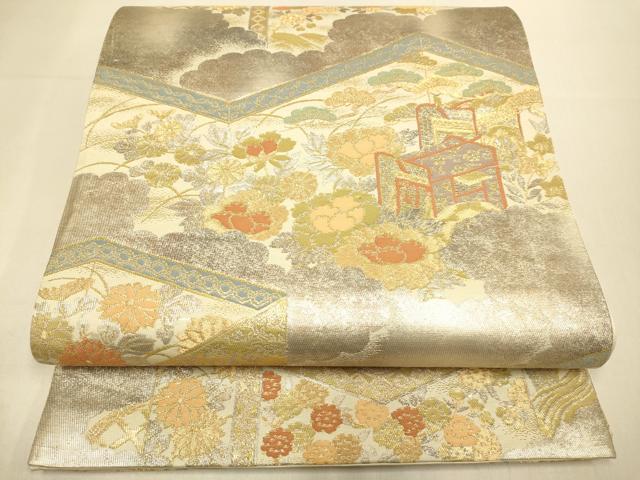 平和屋本店▼六通柄袋帯　御所車花文　純金二重引箔織　正絹　逸品　DABK7561du