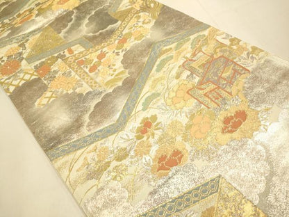 平和屋本店▼六通柄袋帯　御所車花文　純金二重引箔織　正絹　逸品　DABK7561du