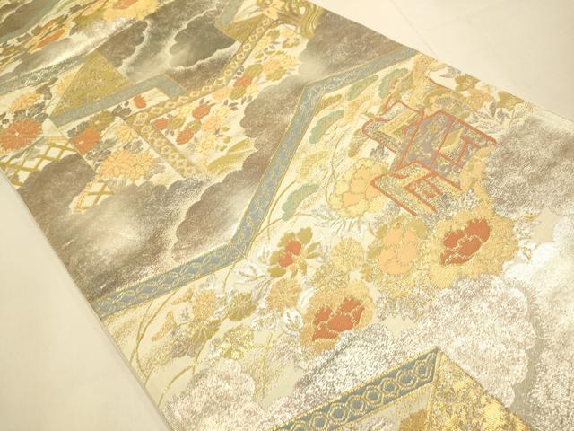平和屋本店▼六通柄袋帯　御所車花文　純金二重引箔織　正絹　逸品　DABK7561du