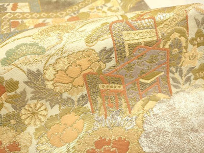 平和屋本店▼六通柄袋帯　御所車花文　純金二重引箔織　正絹　逸品　DABK7561du