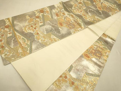 平和屋本店▼六通柄袋帯　御所車花文　純金二重引箔織　正絹　逸品　DABK7561du