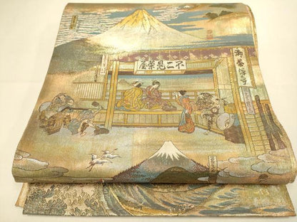 平和屋本店▼極上　西陣あさぎ　両面　全通全景柄袋帯　北舟　富獄三十六景　24金プラチナ二重箔　正絹　逸品　DABK7564du