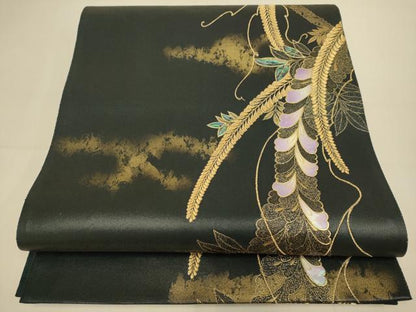 平和屋本店▼螺鈿作家　藤本隆士　袋帯　藤　本金箔引箔　正絹　逸品　DABK7566du
