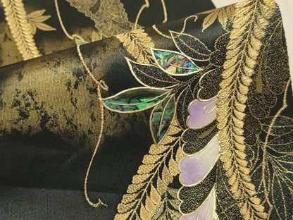 平和屋本店▼螺鈿作家　藤本隆士　袋帯　藤　本金箔引箔　正絹　逸品　DABK7566du