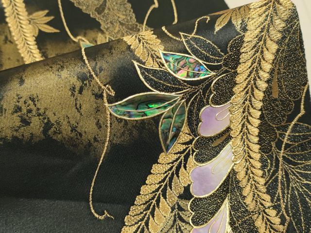 平和屋本店▼螺鈿作家　藤本隆士　袋帯　藤　本金箔引箔　正絹　逸品　DABK7566du